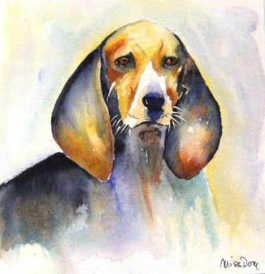 Painting titled "le beagle" by Dominique Missler, Original Artwork, Watercolor