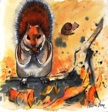 Peinture intitulée "l'écureuil" par Dominique Missler, Œuvre d'art originale, Aquarelle