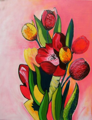 Painting titled "couleurs printemps" by Dominique Missler, Original Artwork, Acrylic Mounted on Wood Stretcher frame