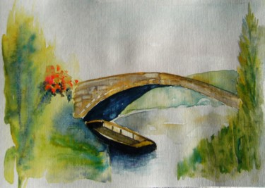 Painting titled "pont fleuri" by Dominique Missler, Original Artwork, Watercolor