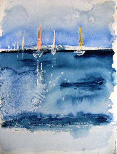 Peinture intitulée "voiles au loin" par Dominique Missler, Œuvre d'art originale, Aquarelle