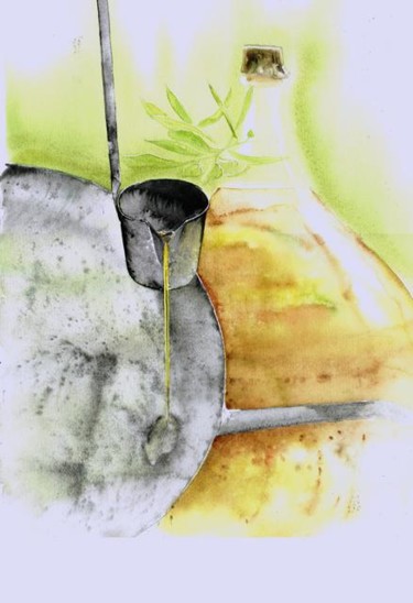 Painting titled "huile d'olive" by Dominique Ramaud, Original Artwork, Watercolor