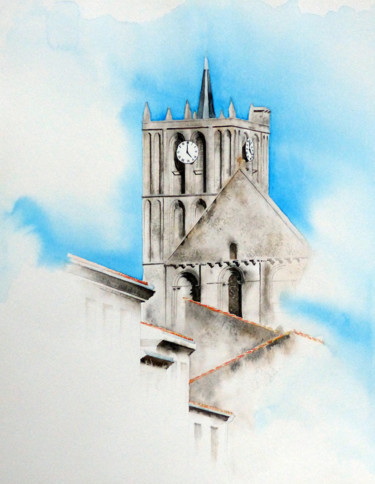 Ζωγραφική με τίτλο "mon clocher" από Dominique Ramaud, Αυθεντικά έργα τέχνης, Ακουαρέλα