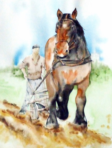 Painting titled "cheval de trait" by Dominique Ramaud, Original Artwork, Watercolor