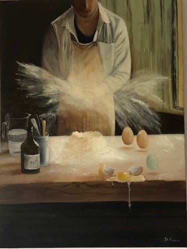 Painting titled "Cauchemar en cuisine" by Dominique Valois, Original Artwork, Oil Mounted on Wood Stretcher frame