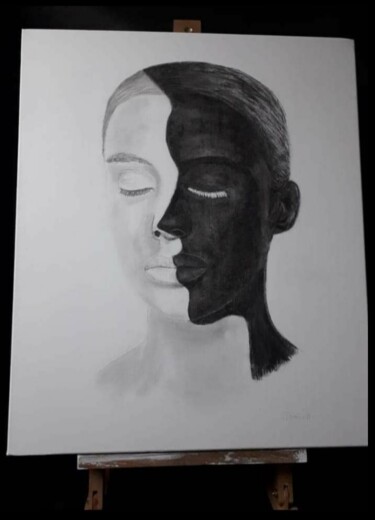 Drawing titled "ÉGALITÉ" by Domino, Original Artwork, Charcoal Mounted on Wood Stretcher frame