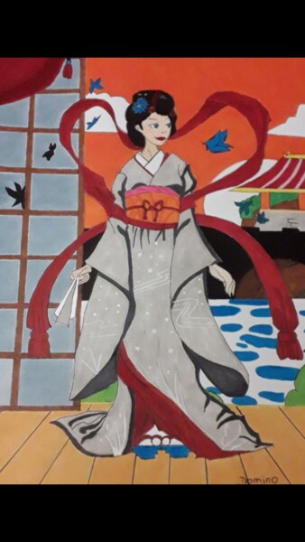 Ζωγραφική με τίτλο "Geisha" από Domino, Αυθεντικά έργα τέχνης, Μαρκαδόρος Τοποθετήθηκε στο Ξύλινο φορείο σκελετό
