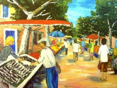 Peinture intitulée "marché de provence" par Domino, Œuvre d'art originale, Huile