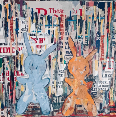 Collages intitolato "2 Rabbits in the Ci…" da Dominique Kerkhove (DomKcollage), Opera d'arte originale, Collages