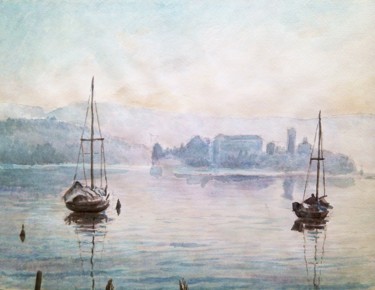 Pittura intitolato "Lago d'Orta isola d…" da Don Barzaghi, Opera d'arte originale, Acquarello