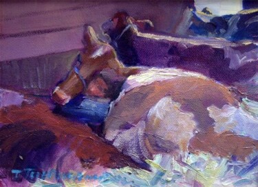 Painting titled "Sleeping With Cows" by Don Bourret, Original Artwork, Oil