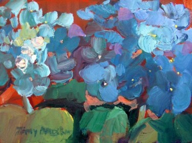Painting titled "Blue Hydrangeas II" by Don Bourret, Original Artwork, Oil