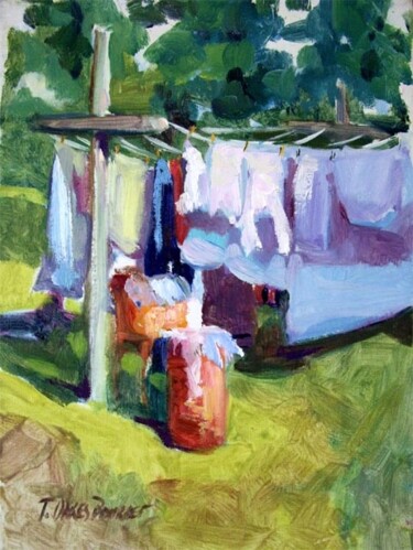 Painting titled "Laundry" by Don Bourret, Original Artwork, Oil