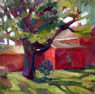 Painting titled "Red Buildings" by Don Bourret, Original Artwork, Oil