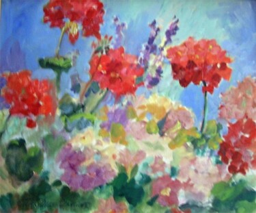 Painting titled "Geraniums" by Don Bourret, Original Artwork, Oil