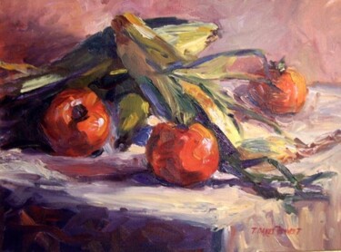 Painting titled "Corn & Tomatoes" by Don Bourret, Original Artwork, Oil