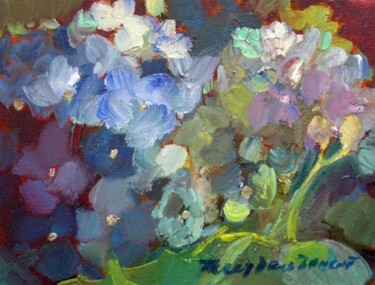 Painting titled "Blue Hydrangeas I" by Don Bourret, Original Artwork, Oil