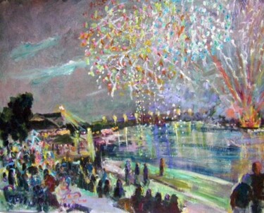 Painting titled "Fireworks At Harbor…" by Don Bourret, Original Artwork, Oil