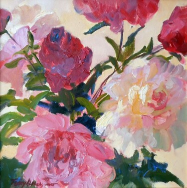 Painting titled "Peonies II" by Don Bourret, Original Artwork, Oil