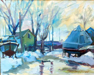 Painting titled "Docked In Winter" by Don Bourret, Original Artwork, Oil