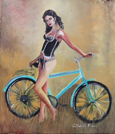 Painting titled "my new bike." by Donatella Marraoni, Original Artwork, Oil