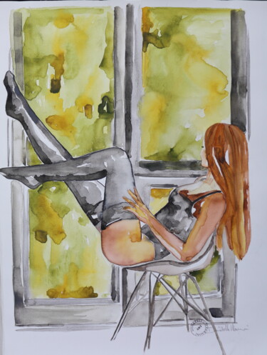 Peinture intitulée "at the window" par Donatella Marraoni, Œuvre d'art originale, Aquarelle