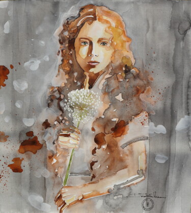 Malerei mit dem Titel "Lady with flower" von Donatella Marraoni, Original-Kunstwerk, Aquarell