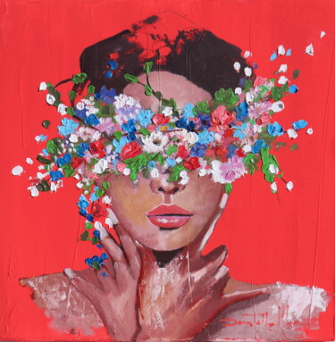 Schilderij getiteld "Woman with flowers" door Donatella Marraoni, Origineel Kunstwerk, Olie