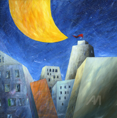 "Sotto una grande luna gialla" Pittura intitolato ""Sotto una grande l…" da Donato Larotonda, Opera d'arte originale, Acrilico Montato su Pannello di legno