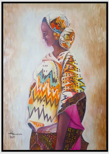 Painting titled "women of the Horn 5" by Donia Al Saleh, Original Artwork, Oil Mounted on Wood Panel