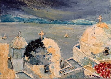 Картина под названием "Tramonto a Santorini" - Dora Kalinova, Подлинное произведение искусства, Масло Установлен на Деревянн…