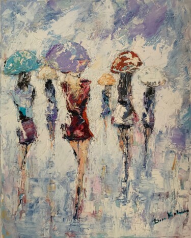 Pittura intitolato "Donne sotto la piog…" da Dora Kalinova, Opera d'arte originale, Olio Montato su Telaio per barella in le…