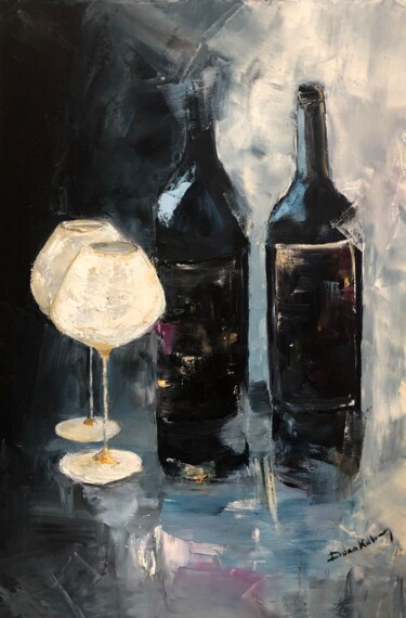 Painting titled "Bottiglie di vino r…" by Dora Kalinova, Original Artwork, Oil Mounted on Wood Stretcher frame