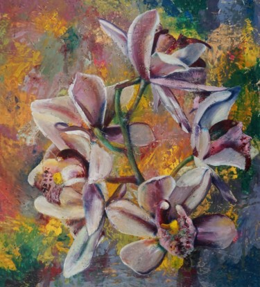 Schilderij getiteld "Orchid II." door Dora Stork, Origineel Kunstwerk, Was Gemonteerd op Houten paneel
