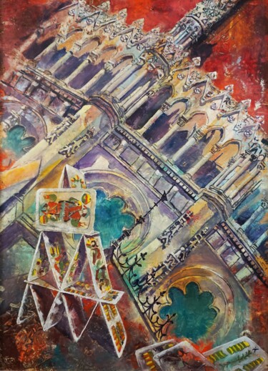 Painting titled "Cards Castle" by Dora Stork, Original Artwork, Wax