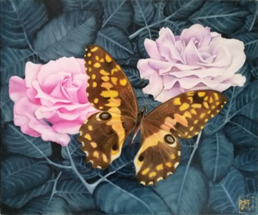 Painting titled "roses et papillon" by Mélanie Cavalec, Original Artwork, Oil Mounted on Wood Stretcher frame