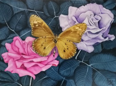 Painting titled "Roses et papillon 3" by Mélanie Cavalec, Original Artwork, Oil Mounted on Wood Stretcher frame
