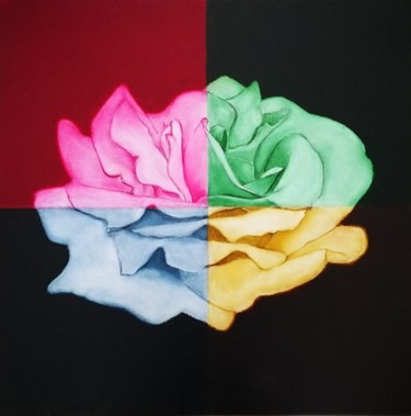 Painting titled "Rose quatre couleurs" by Mélanie Cavalec, Original Artwork, Oil