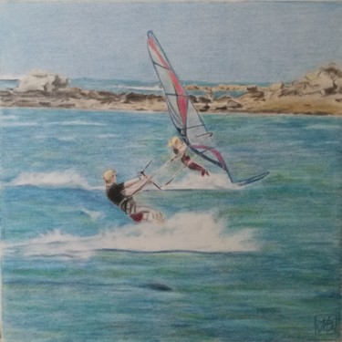 Dessin intitulée "Surf sur la mer" par Mélanie Cavalec, Œuvre d'art originale, Pastel