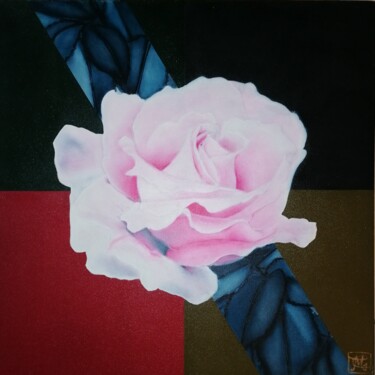 Painting titled "Rose quatre  couleu…" by Mélanie Cavalec, Original Artwork, Oil Mounted on Wood Stretcher frame