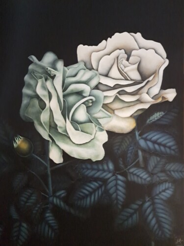 Painting titled "Les roses du jardin…" by Mélanie Cavalec, Original Artwork, Oil Mounted on Wood Stretcher frame