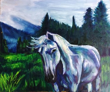Painting titled "White Horse" by Kristikob, Original Artwork, Oil