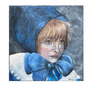 Painting titled "Girl in a Blue bonn…" by Dorienne Carmel, Original Artwork, Oil Mounted on Wood Stretcher frame