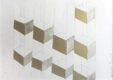 Drawing titled "Il pleut des cubes" by Dorine Knecht, Original Artwork, Oil Mounted on Cardboard