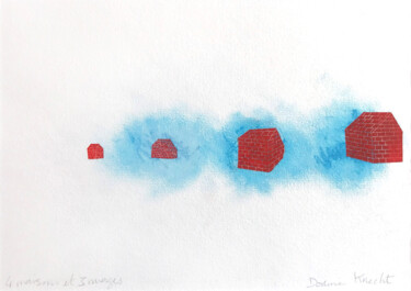 Disegno intitolato "4 maisons et 3 nuag…" da Dorine Knecht, Opera d'arte originale, Pastello Montato su Cartone