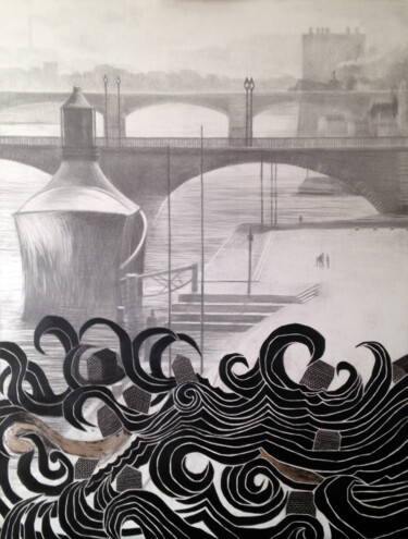 Painting titled "Paris inondé" by Dorine Knecht, Original Artwork, Pencil