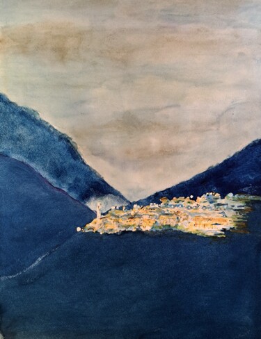 Malerei mit dem Titel "Bergdorf am Abend" von Doris Reineking, Original-Kunstwerk, Aquarell