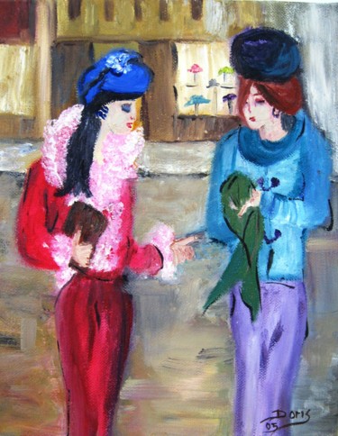 Painting titled "Gossip Girls" by Doris Cohen, Original Artwork, Oil