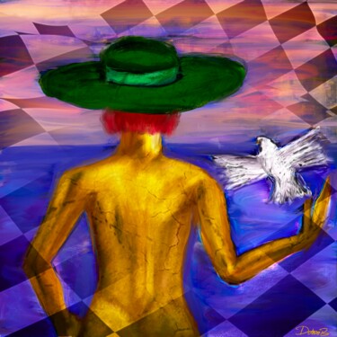 Digitale Kunst mit dem Titel "Chapeau vert et col…" von Doron B, Original-Kunstwerk, Digitale Malerei