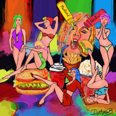 Arte digitale intitolato "Hamburgers et pinups" da Doron B, Opera d'arte originale, Collage digitale